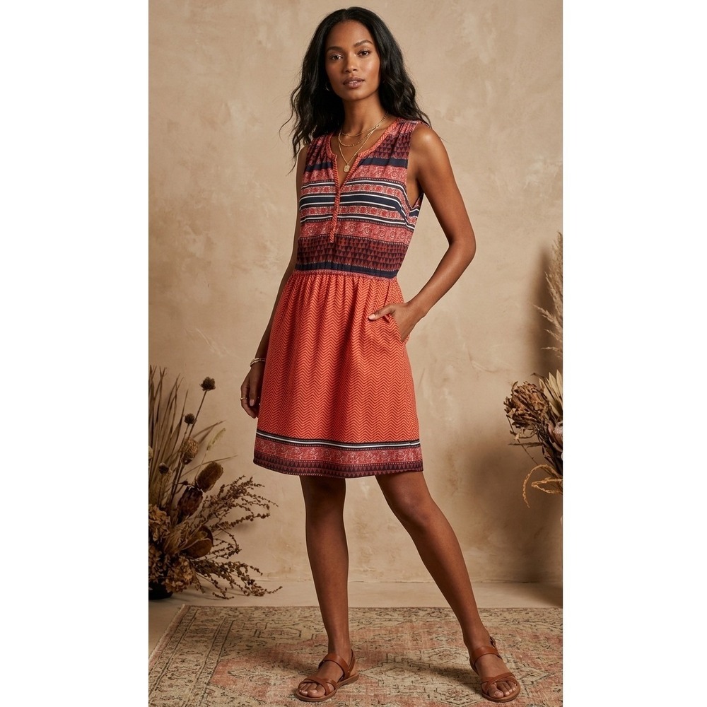 Lucky Brand Dress Womens 2X Red Mixed Print Boho Sleeveless Henley Peasant Rayon